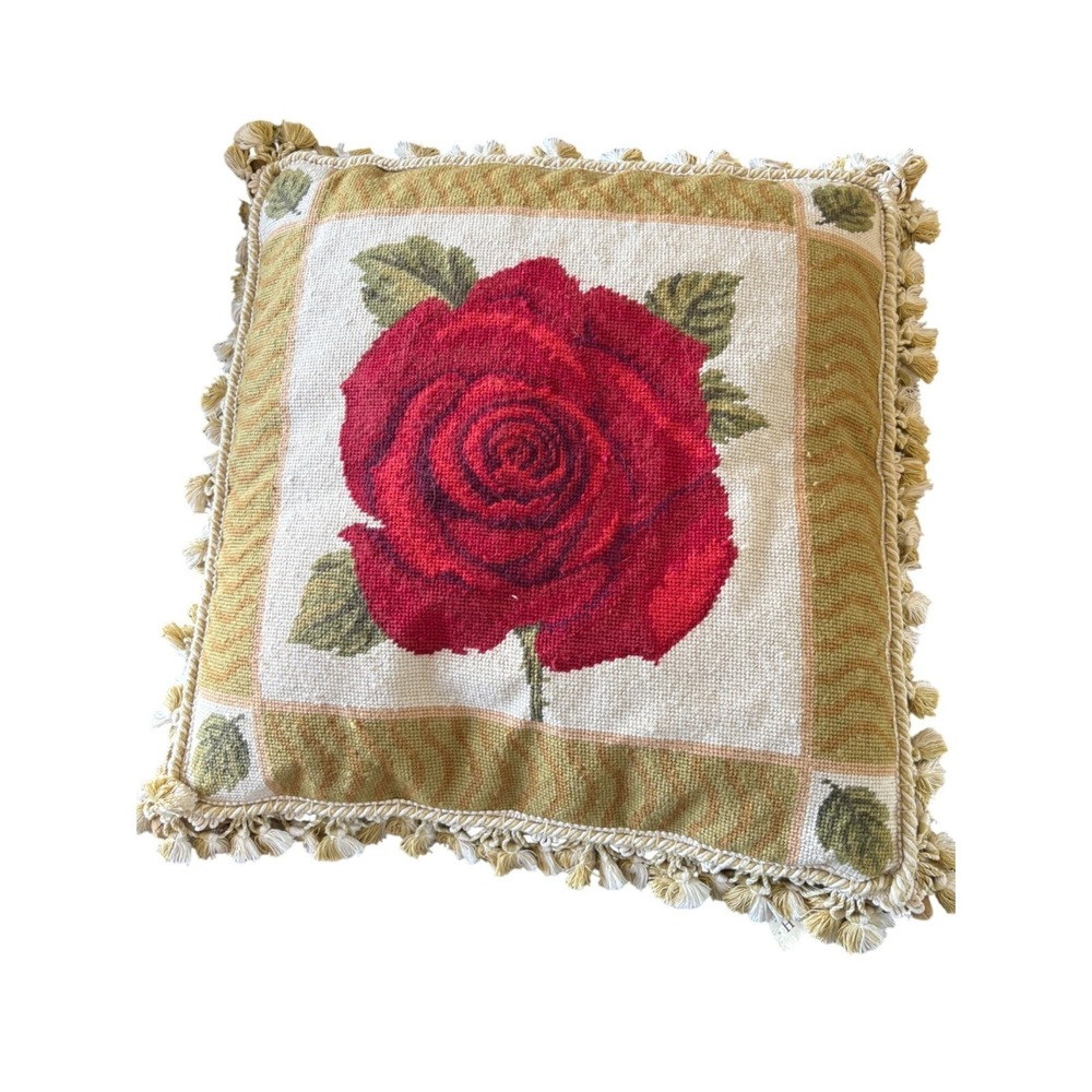 Decorative Needlepoint Throw Feather Pillow With Red Rose Design‎ & Tassel Trim